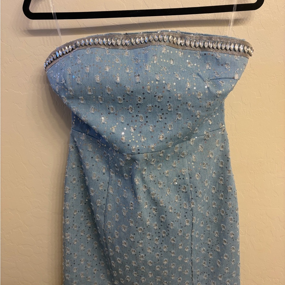 Blue Strapless Dress with Silver Accents